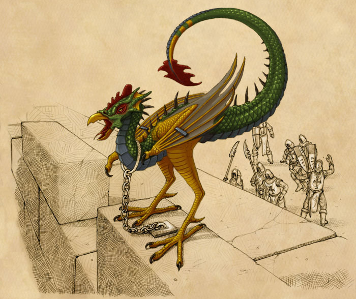 Artist rendering if a basilisk: somehow a cross between a dragon and a chicken.